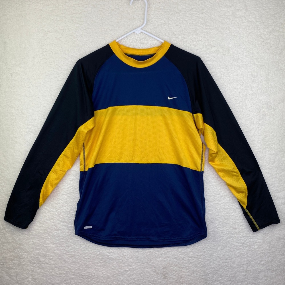 Nike Dri-FIT Mens Long Sleeve Shirt Colorblock Navy Blue Yellow Athletic S VTG